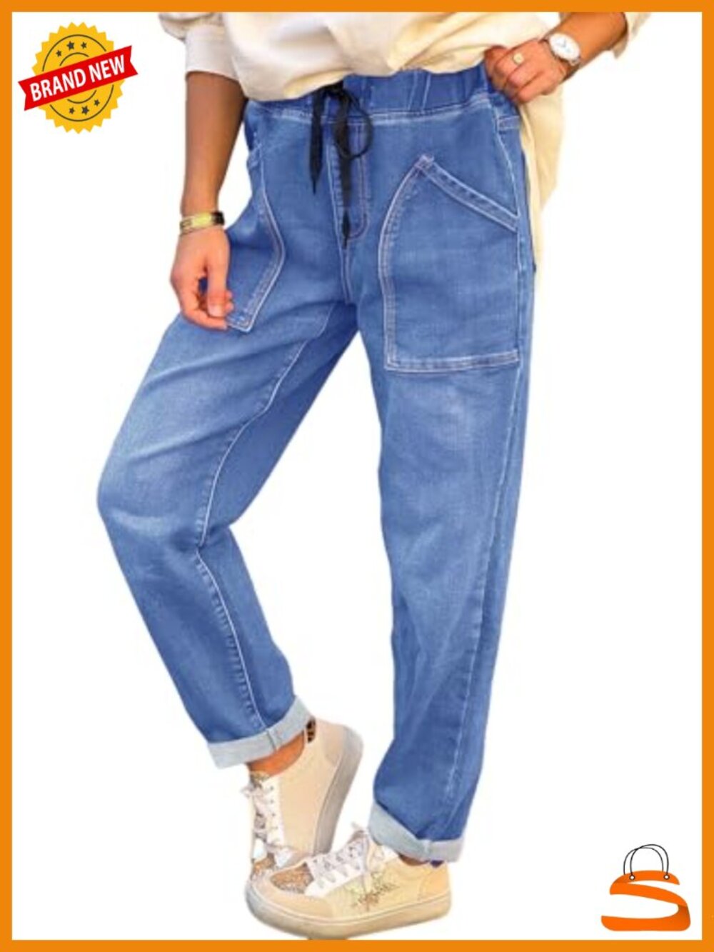 Elastic Waist Drawstring Stretch Denim Jeans with Functional Pockets